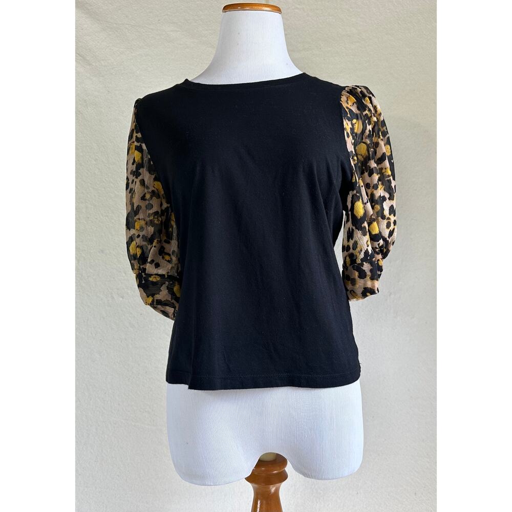 DKNY Women's Black T-Shirt With Sheer Animal Print Sleeves SZ L Glam Workwear